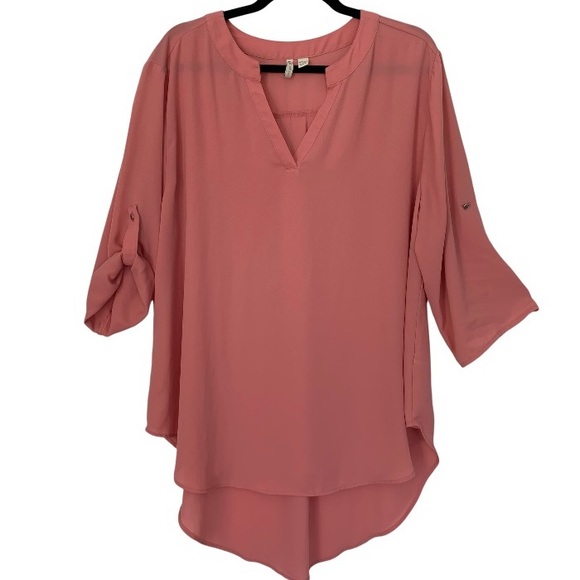 Cato Tops - CATO Women’s PLUS Blouse Coral Split Neck‎ Button Sleeve High/Low Hem 18/20W